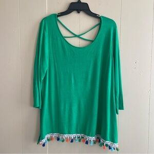 B.L.U.E. Green Top with Tassel Hem Crisscross Back Three Quarters Sleeves